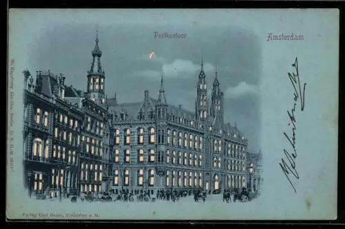 AK Amsterdam, Postkantoor, Leuchtende Fenster und Mondsichel, Halt gegen das Licht