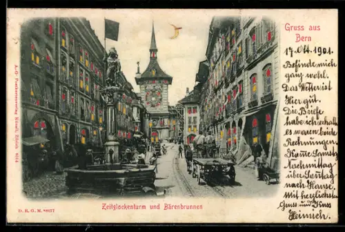AK Bern, Zeitglockenturm und Bärenbrunnen, Leuchtende Fenster und Mond bei Halt gegen das Licht
