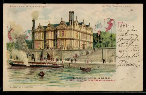 Lithographie Paris, Exposition Universelle de 1900, Pavillon Royal, Nachtansicht bei Halt gegen das Licht