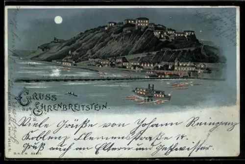 Lithographie Koblenz, Ehrenbreitstein, Ansicht vom Wasser, Leuchtende Fenster bei Halt gegen das Licht