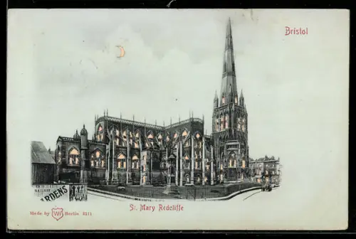 AK Bristol, S. Mary Redcliffe, Leuchtende Fenster und Mondsichel bei Halt gegen das Licht