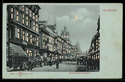 AK Glasgow, Buchanan Street, Leuchtende Fenster bei Halt gegen das Licht