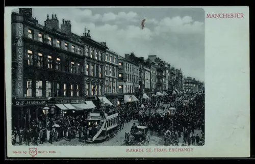 AK Manchester, Market St. from Exchange, Leuchtende Fenster bei Halt gegen das Licht