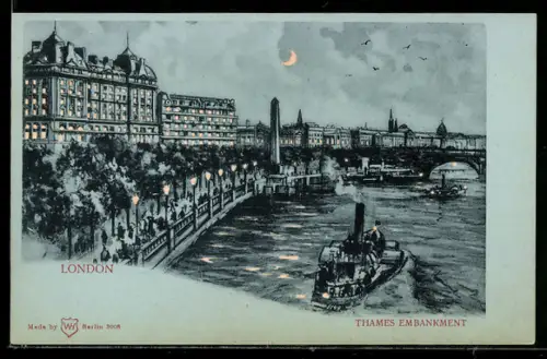 AK London, Thames Embankment, Leuchtende Fenster bei Halt gegen das Licht