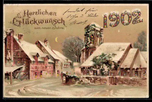 AK Verschneite Dorfansicht, Leuchtende Jahreszahl 1902 bei Halt gegen das Licht