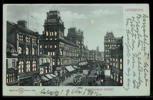 AK Liverpool, Church Street, Leuchtende Fenster bei Halt gegen das Licht