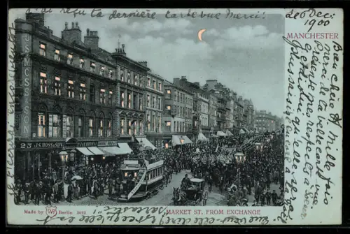 AK Manchester, Market Street from Exchange, Leuchtende Fenster bei Halt gegen das Licht