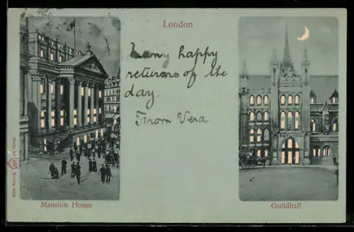 AK London, Mansion House, Guildhall, Leuchtende Fenster bei Halt gegen das Licht