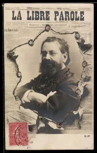 Glitzer-Perl-AK Portrait von Antisemit Edouard Drumont
