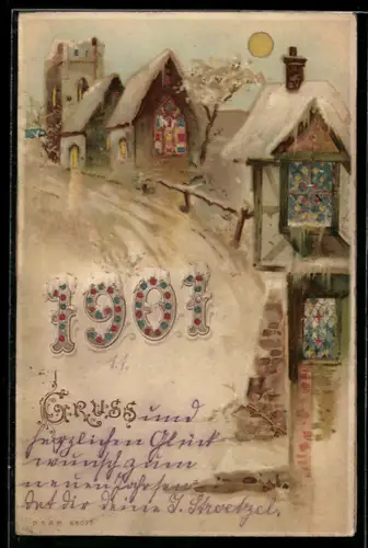 Lithographie Jahreszahl 1902, mit leuchtendem Mond und Fenstern der Häuser, Halt gegen das Licht