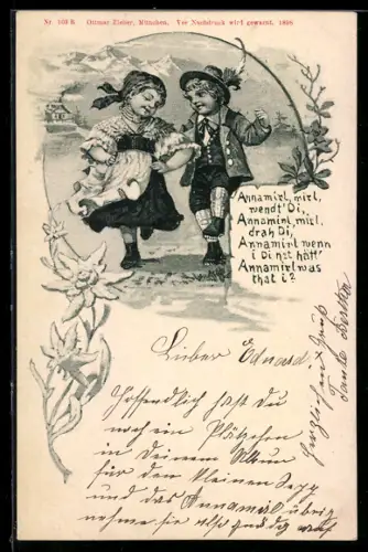 AK Zwei Kinder in Trachten beim Volkstanz, Private Stadtpost Stempel und Briefmarke