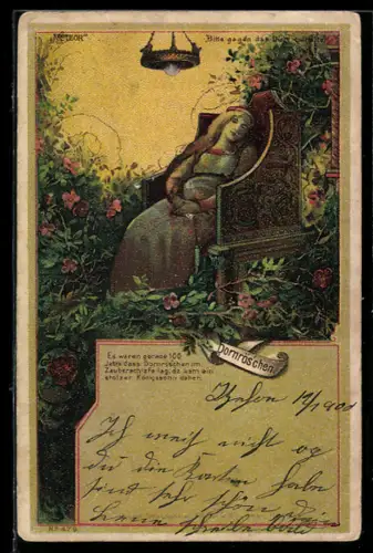 Lithographie Schlafendes Dornröschen, der Prinz naht, Halt gegen das Licht