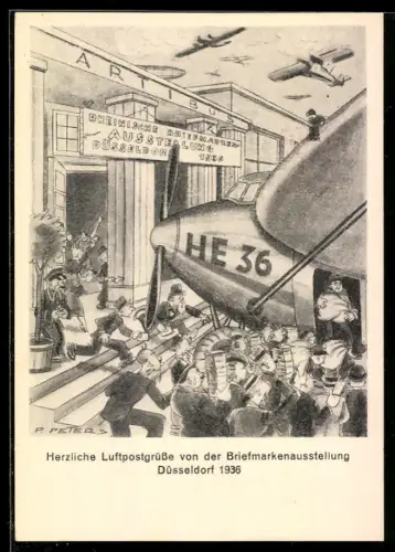 Künstler-AK Düsseldorf, Rheinische Briefmarken-Ausstellung 1936, Männer beladen Flugzeug, Ganzsache, 