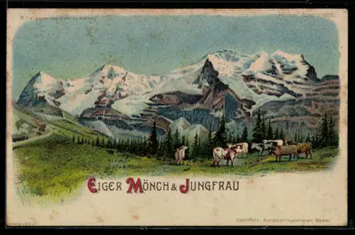Lithographie Eiger, Mönch und Jungfrau, Kühe auf einer Weide, Mondsichel im Gegenlicht, Halt gegen das Licht