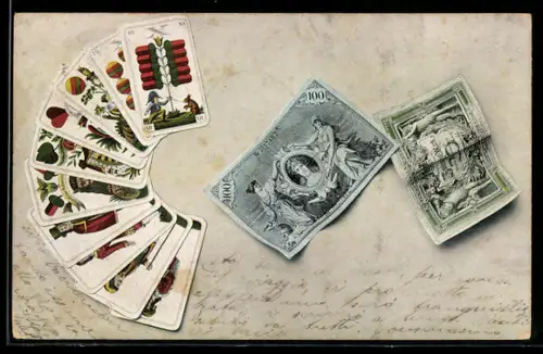 AK Geldscheine 100 Mark, 20 Mark, Blatt Spielkarten