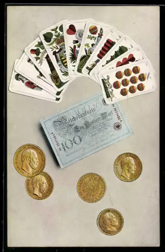 AK Reichsbanknote 100 Mark und Münzen bei Spielkarten