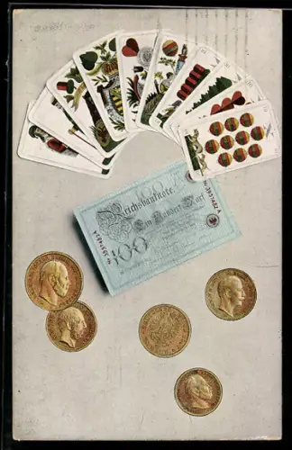 AK Kartenspiel mit Reichsbanknote 100 Mark und Münzen