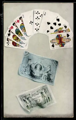 AK Reichsbanknote 100 Mark und 20 Mark mit Spielkarten