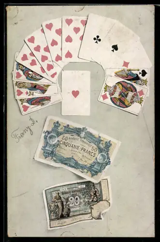 AK Kartenspiel mit Franc-Scheinen, 50 Francs und 20 Francs