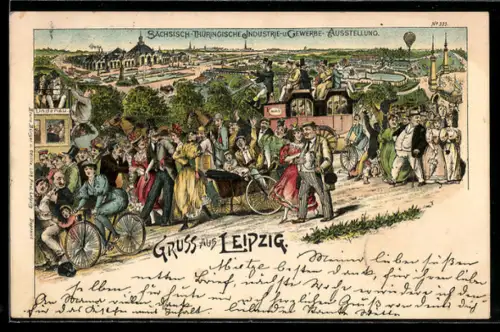 Lithographie Leipzig, Sächs.-Thüringische Industrie-Gewerbe-Ausstellung, Besucher auf dem Ausstellungsgelände