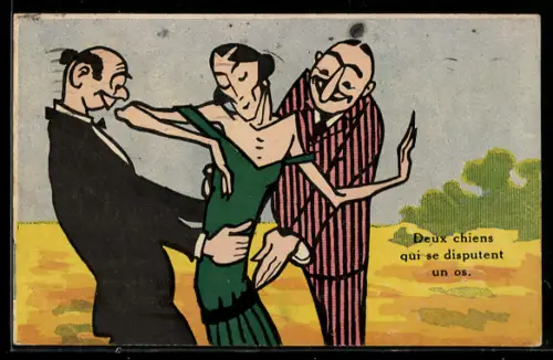 AK Zwei Herren tanzen mit einer schlanken Dame