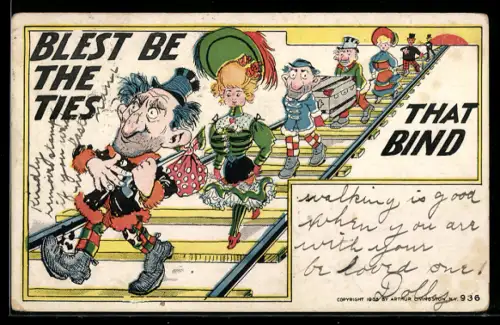 AK Bunte Mischung verschiedener Personen auf Gleisen mit Landstreicher und feiner Dame