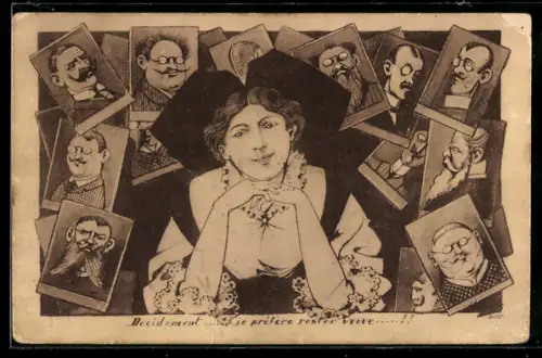 AK Hübsche Frau in Tracht umgeben von den Portraits von Männern