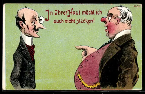 AK Korpulenter Mann zeigt auf einen dürren Mann mit Monokel