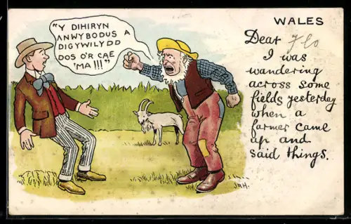 AK Wales, Farmer mit Ziege schreit einen Mann an