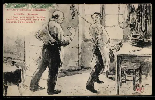 Künstler-AK Nos Bons Citadins, Fleischer arbeiten in der Fleischerei