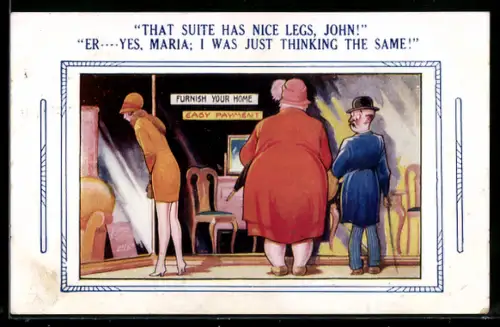 AK Mann neben korpulenter Frau starrt auf eine schlanke Frau an einem Schaufenster