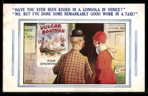 AK Mann und Frau vor einem Filmplakat mit humoristischem Spruch