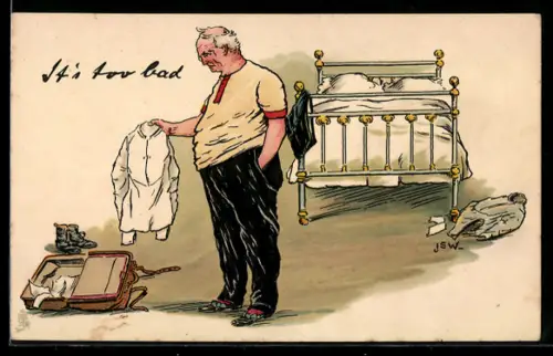 AK Mann betrachtet zu kleine Kleidung in seiner Hand