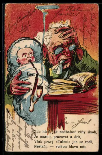 AK Alter Mann liest in einem Buch und hält ein Kleinkind auf dem Arm