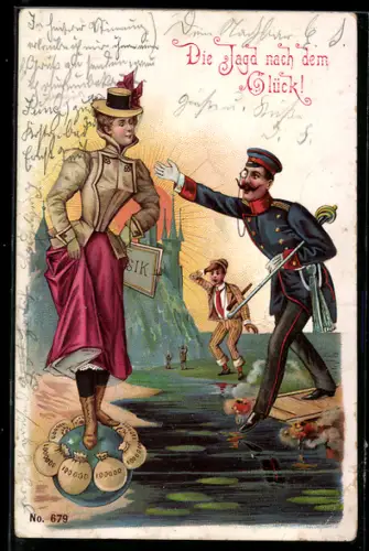 Lithographie Soldat in Uniform läuft einer hübschen Frau und Geldsäcken entgegen und fällt ins Wasser