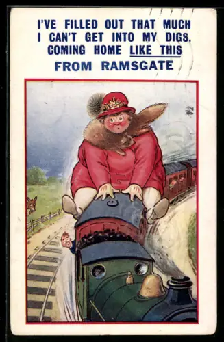 AK Korpulente Frau muss auf dem Zug sitzen