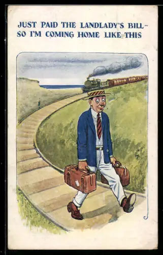 AK Mann mit Zigarette und Reisegepäck läuft auf Schienen während hinter ihm ein Zug anrast