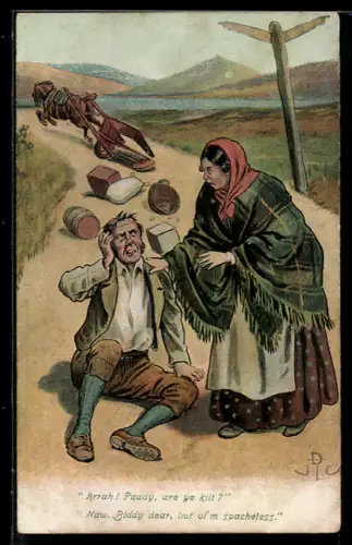 AK Hingefallener Mann mit einer Frau, während sein Pferd davonrennt