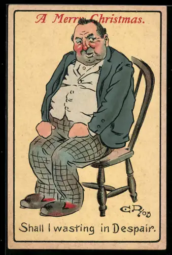 AK Korpulenter und übellauniger Mann sitzt auf einem Stuhl