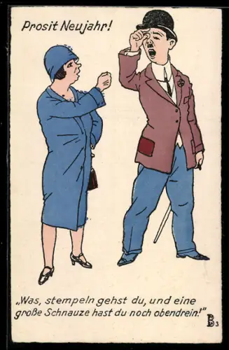 AK Frau steht neben einem Mann mit Schnurrbart und Melone