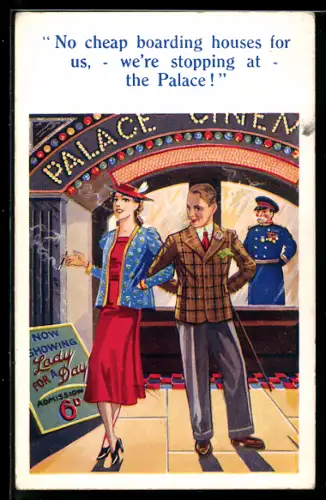 AK Elegantes Paar steht rauchend vor einem Kino