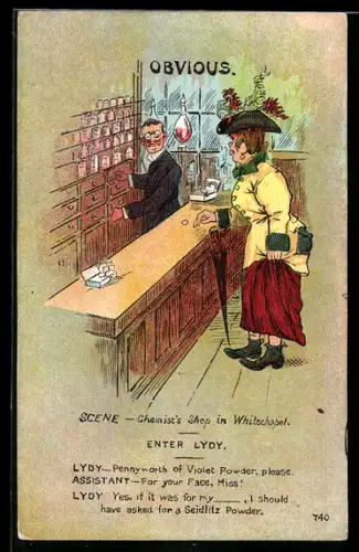 AK London, Frau steht an der Theke eines Chemikers