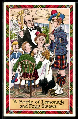 AK Erboster Ober unterhält sich mit einem Mann im Kilt