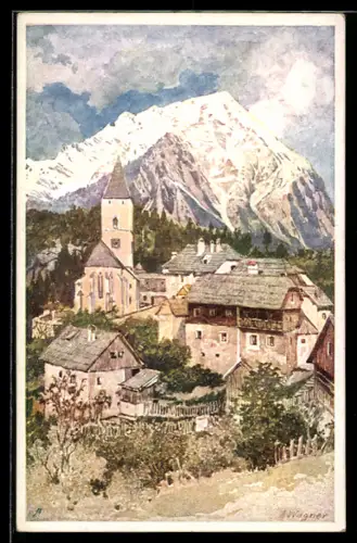 Künstler-AK Pürgg im Ennstal, Ortsansicht nach einem Aquarell von Prof. A. Wagner