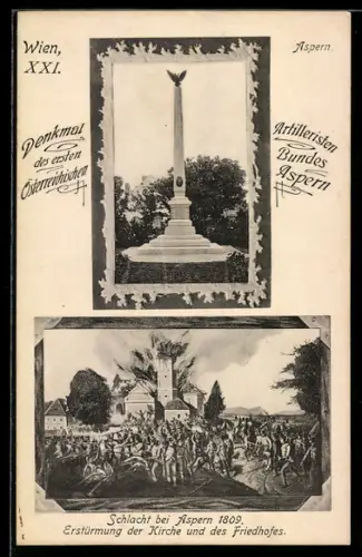 AK Wien, Aspern, Denkmal Österr. Artilleristenbund und Darstellung der Schlacht bei Aspern 1809, im Rahmen