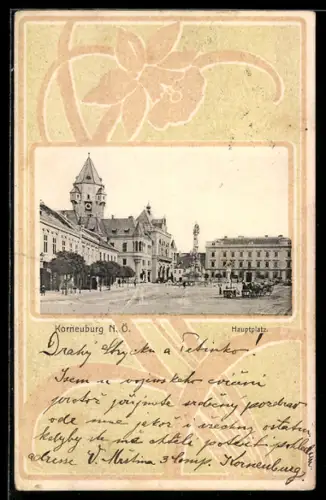 AK Korneuburg /N. Ö., Hauptplatz mit Säulendenkmal u. Turmgebäude, Narzissen-Passepartout