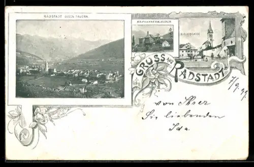 AK Radstadt, Kapuzinerkloster, Kirchengasse, Gesamtansicht gegen Tauern, Rahmen, Blumen