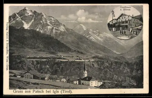 AK Patsch bei Igls, Gasthaus z. Bären, Dorf mit Kirche und Alpenpanorama