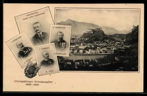 AK Salzburg, Stadtansicht mit Festung, 40jähr. Gründungsfest Kriegsverein Fürst Auersperg 1903, Wappen, Portraits