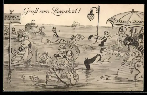 Künstler-AK Gruss vom Luxusbad, Karikatur mit Gebäuden im Wasser, Badegäste in Badeanzügen